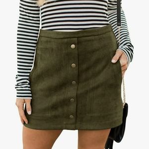 Button Front Style mini Skirt | Faux Suede Olive Green